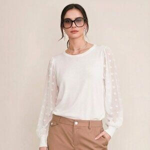 Madision + Hudson, Knit Sweater Blouse with Sheer Dot Sleeves, Size: M